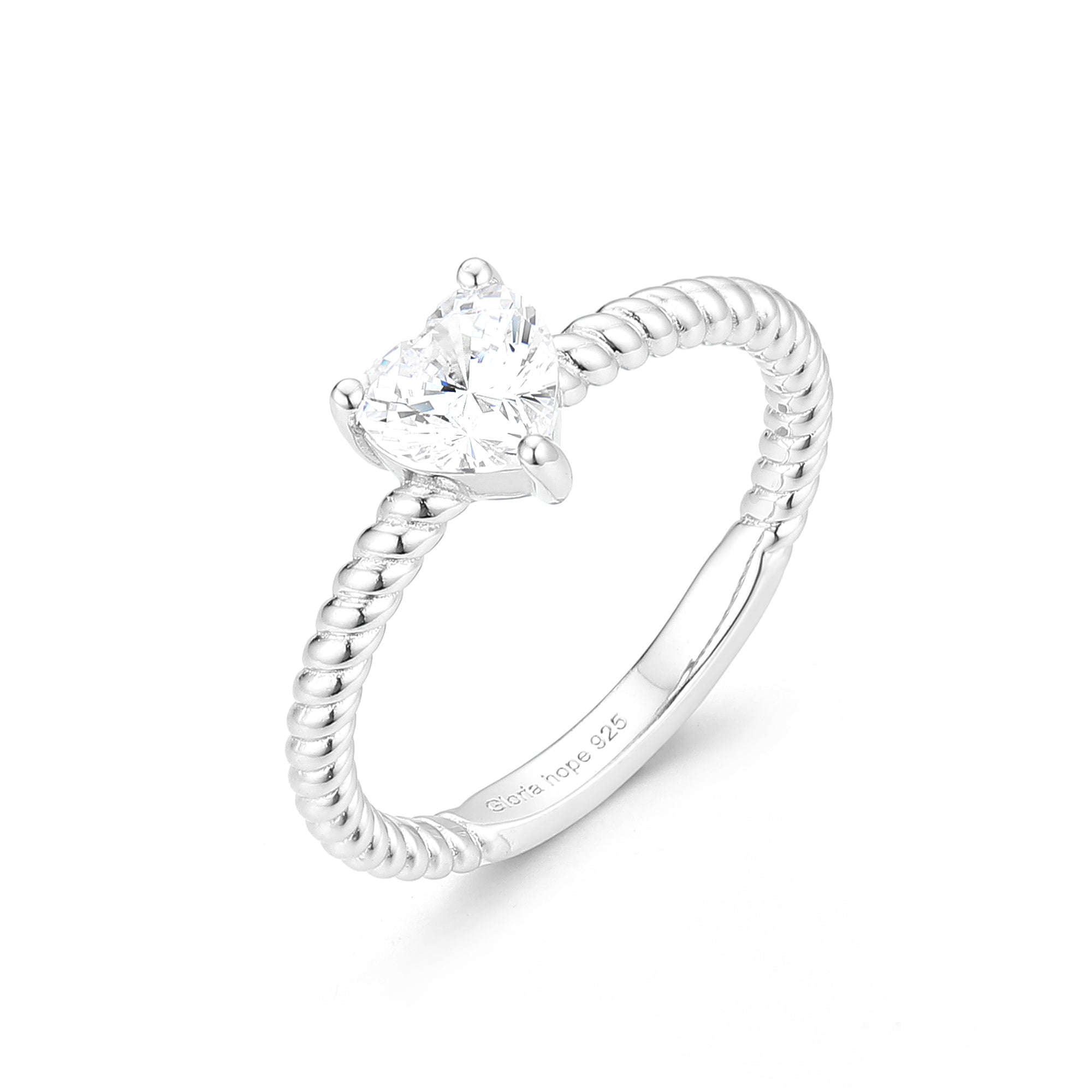 Gloria Hope Silver Twisted Band Heart Cz Ring